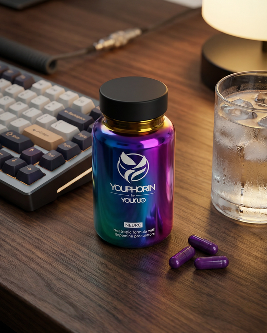 Supplement bottle with purple capsules on a desk next to a glass of water